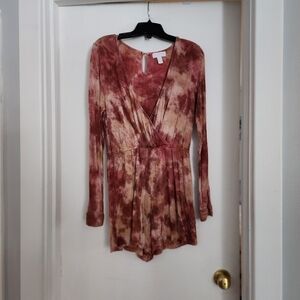 Tie-Dye Long Sleeve Romper in Dusty Rose and Beige